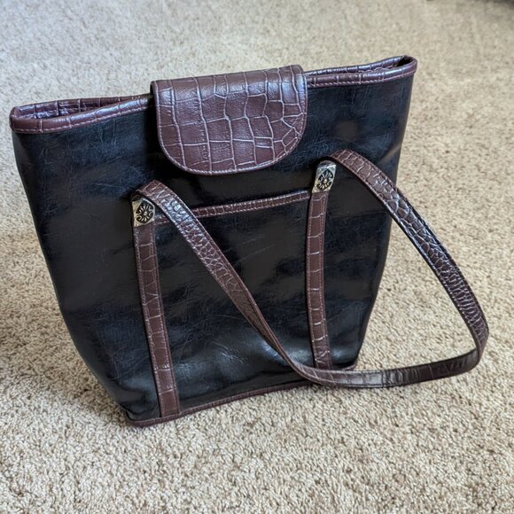VTG Avon Natori Tote Womens Black Brown Croc Grommets Cotton Lined Vegan Leather - Picture 3 of 10